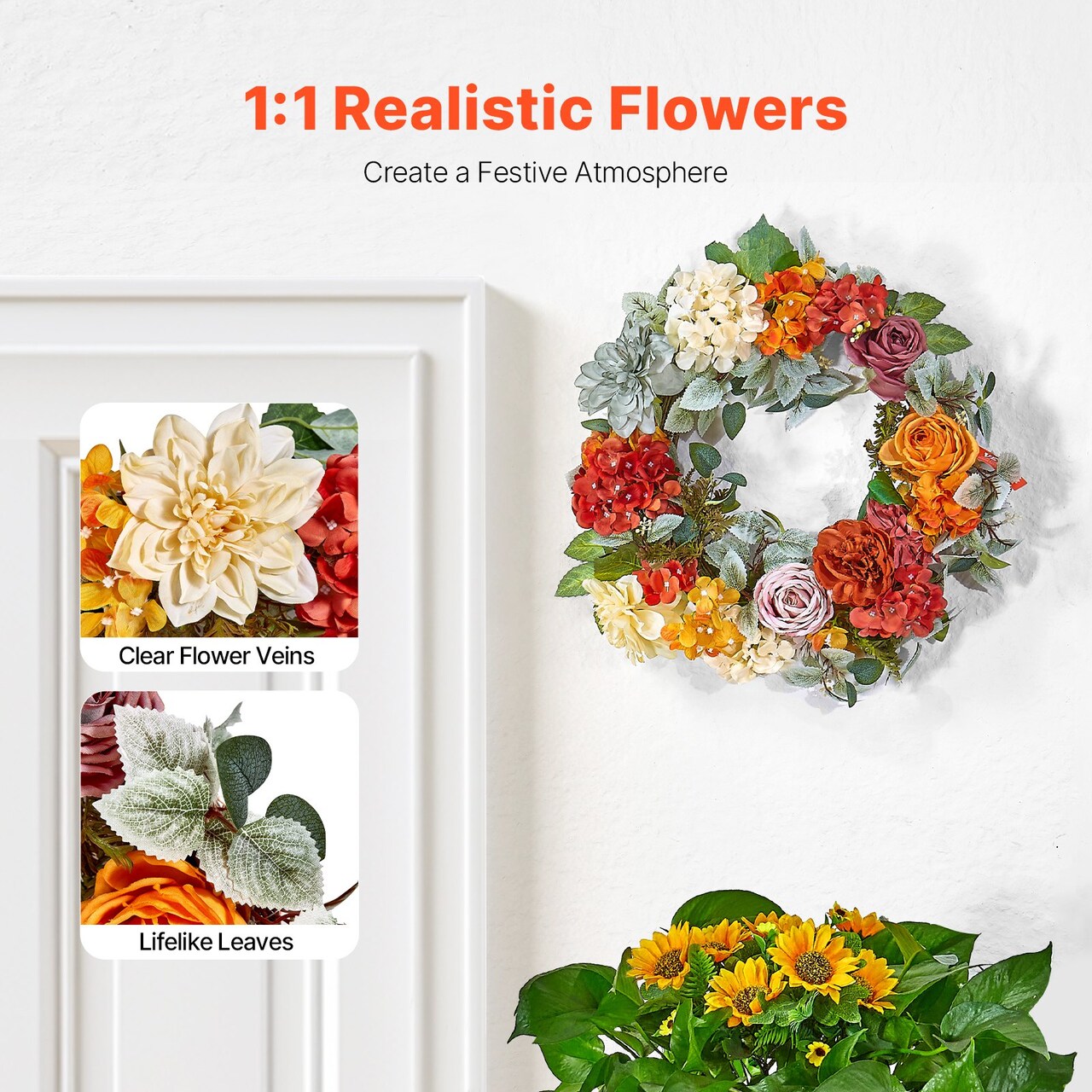 24 in Artificial Decorative Wreath Red Orange Yellow Flowers with Wooden Sign Indoor Outdoor